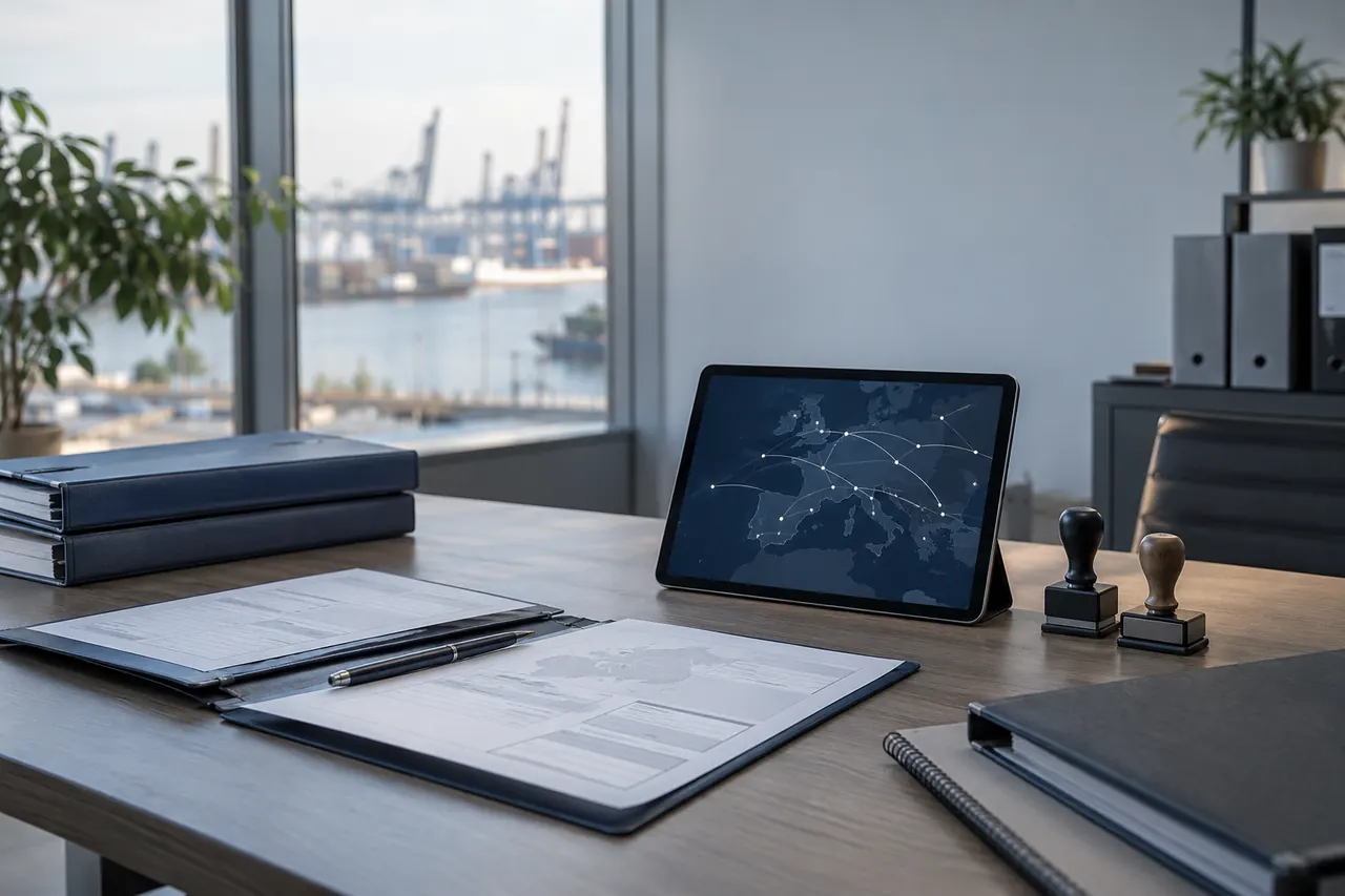 Carpetas de documentación, sellos y una tablet con un mapa de rutas sobre la mesa de una oficina de tráfico internacional.