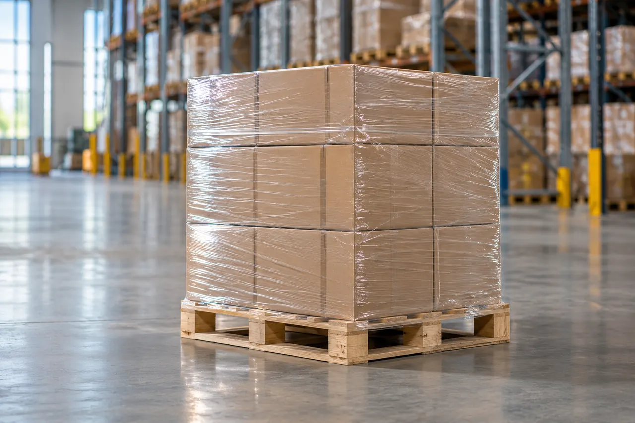 Europalet de madera con cajas retractiladas en un almacén